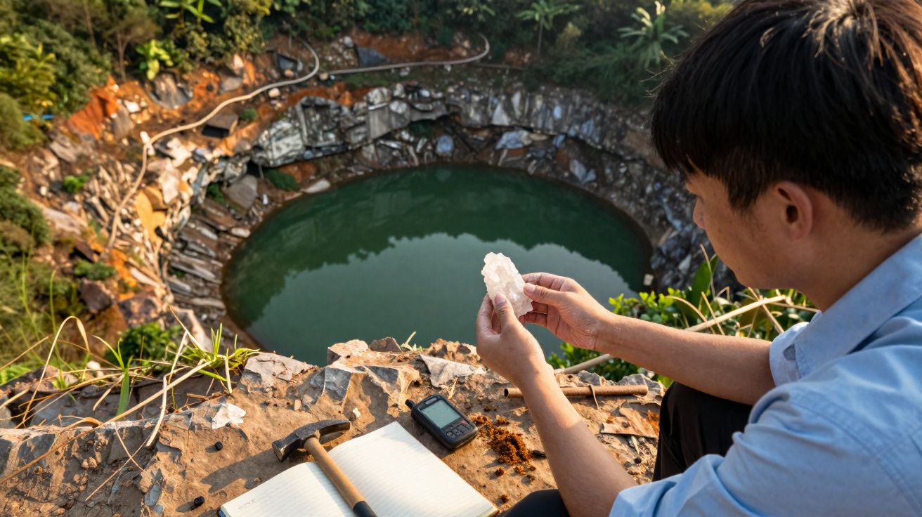 Homem analisa cristal branco sentado à beira de uma mina circular cheia de água, com ferramentas e caderno ao lado.