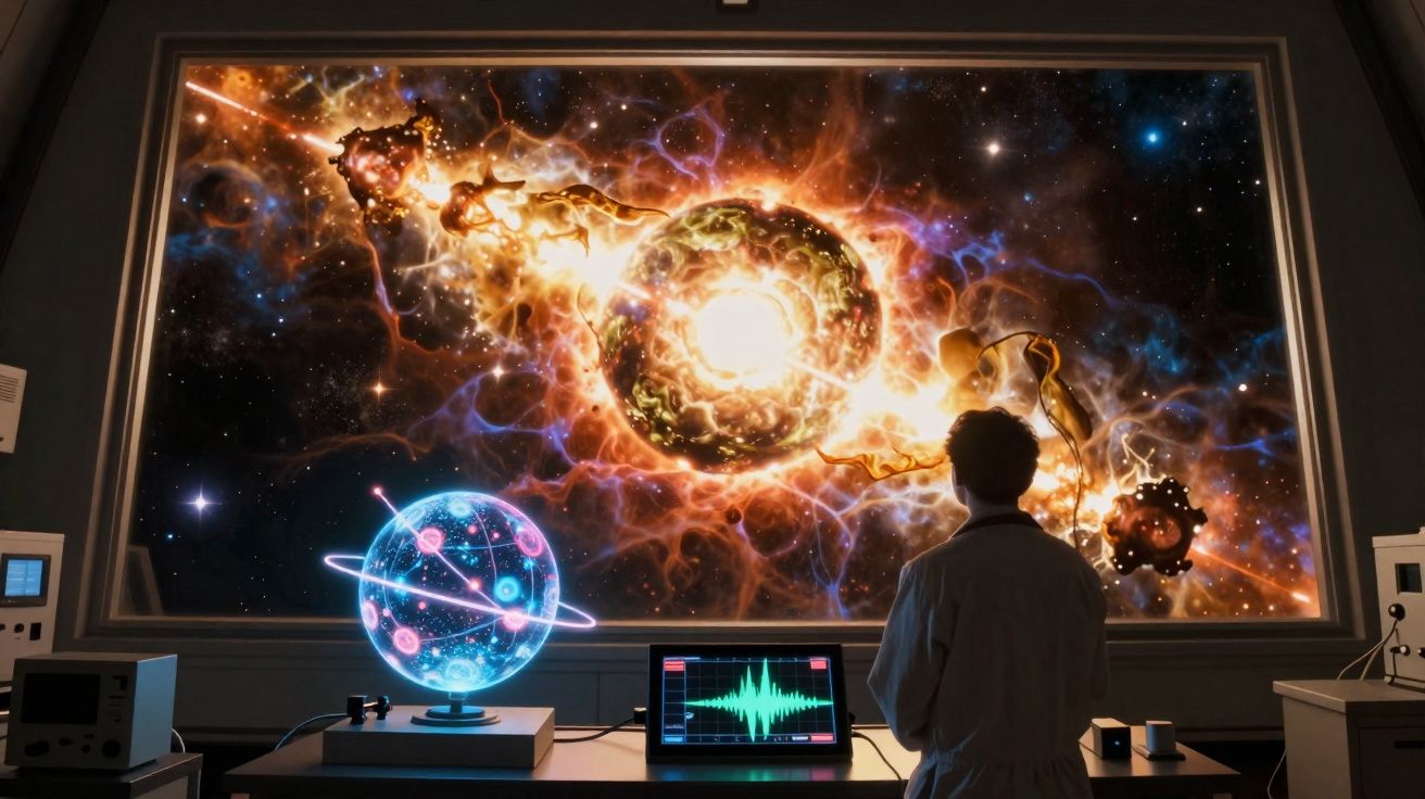 Pessoa observando uma enorme tela com imagens cósmicas e equipamentos científicos em laboratório escuro.