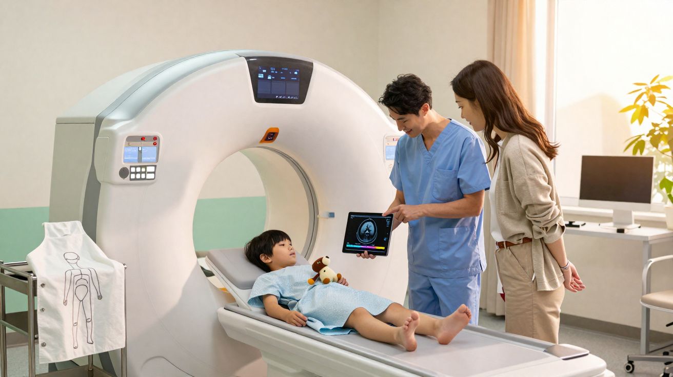 Criança deitada em tomógrafo com médico e mulher observando imagem no tablet em sala de exame.
