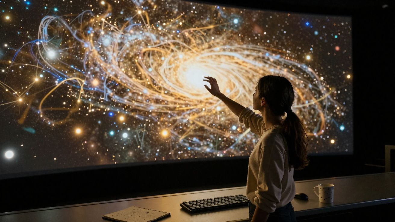 Mulher interagindo com projeção de galáxia em tela grande em ambiente escuro, com teclado e caderno na mesa.