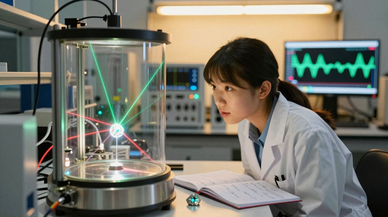 Mulher cientista em laboratório observa experimento com feixes de luz coloridos dentro de equipamento cilíndrico.