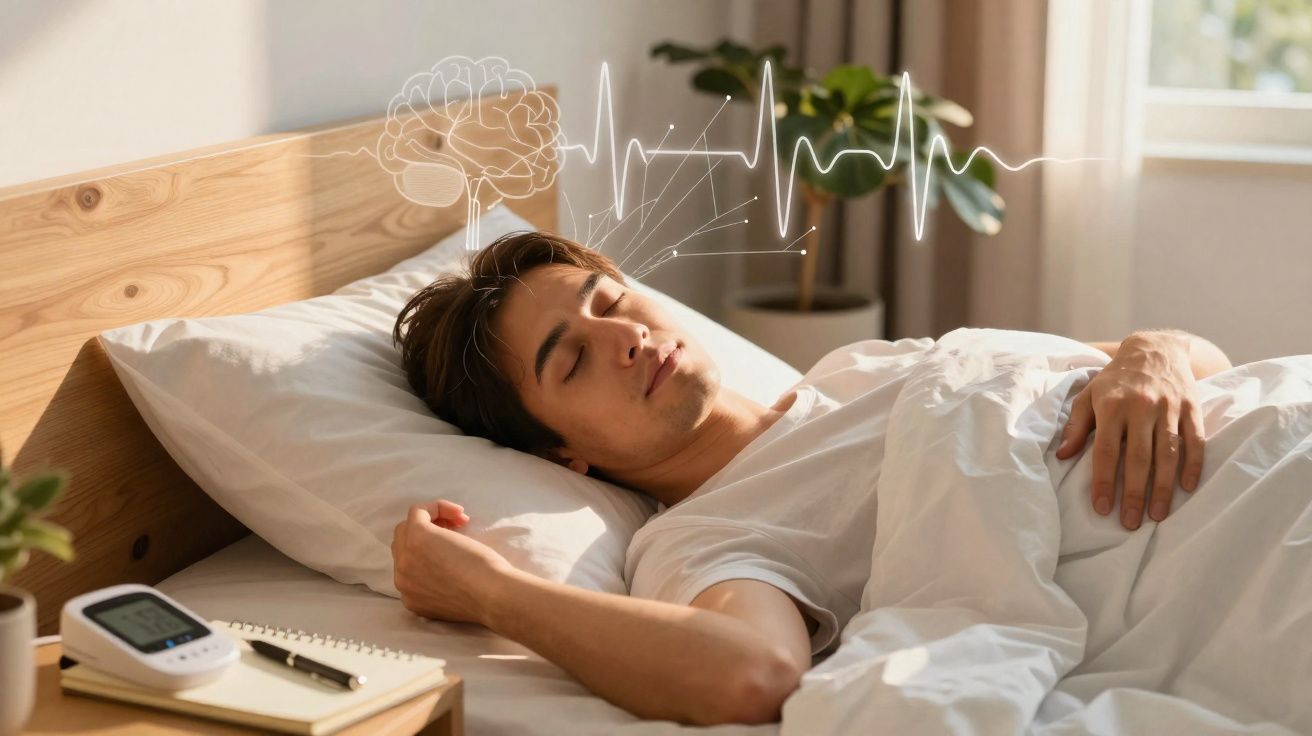 Homem dormindo na cama com ilustração de cérebro e ritmo cardíaco representando atividade cerebral durante o sono.