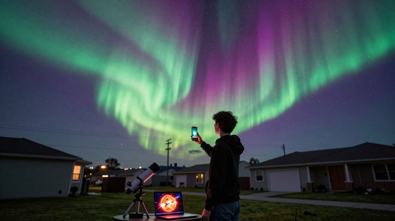 Pessoa fotografando aurora boreal com celular, computador e telescópio ao ar livre à noite em área residencial.