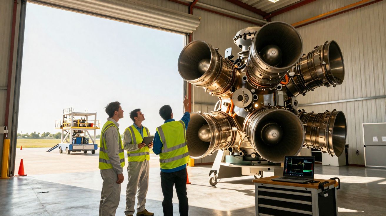 Três engenheiros em coletes refletivos observam motor de foguete em hangar industrial iluminado natural.