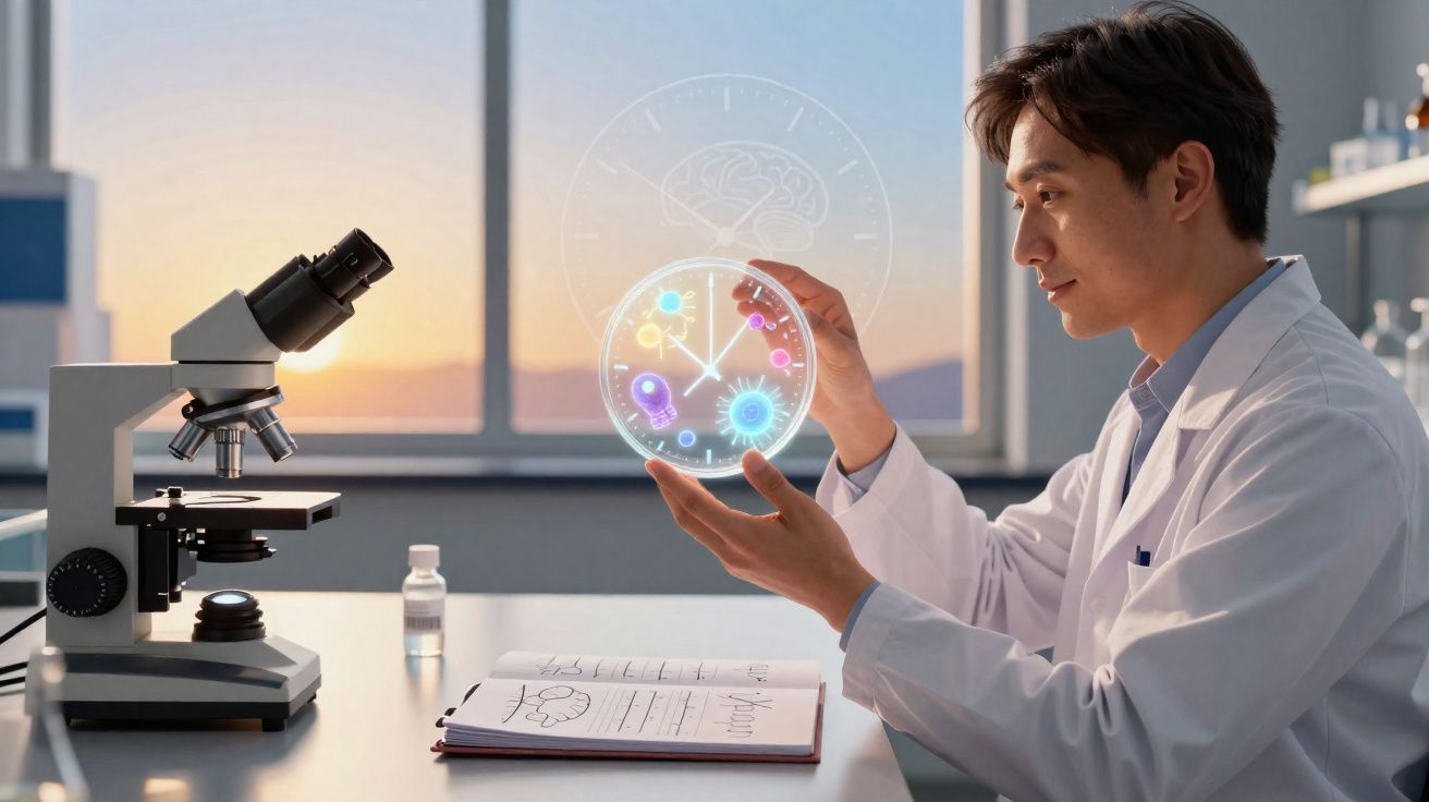 Cientista em jaleco examinando holograma de relógio com vírus em laboratório iluminado ao pôr do sol.