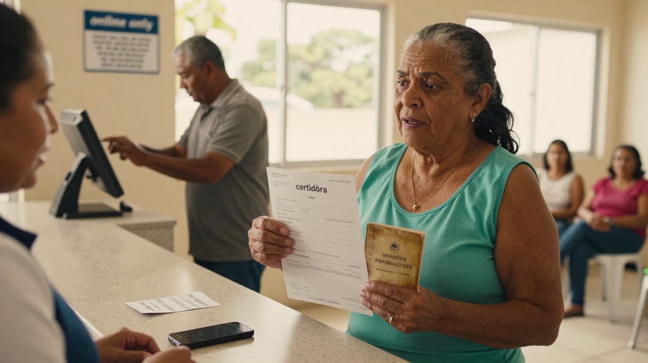 Mulher idosa entrega documentos em balcão de atendimento em ambiente claro com pessoas ao fundo.