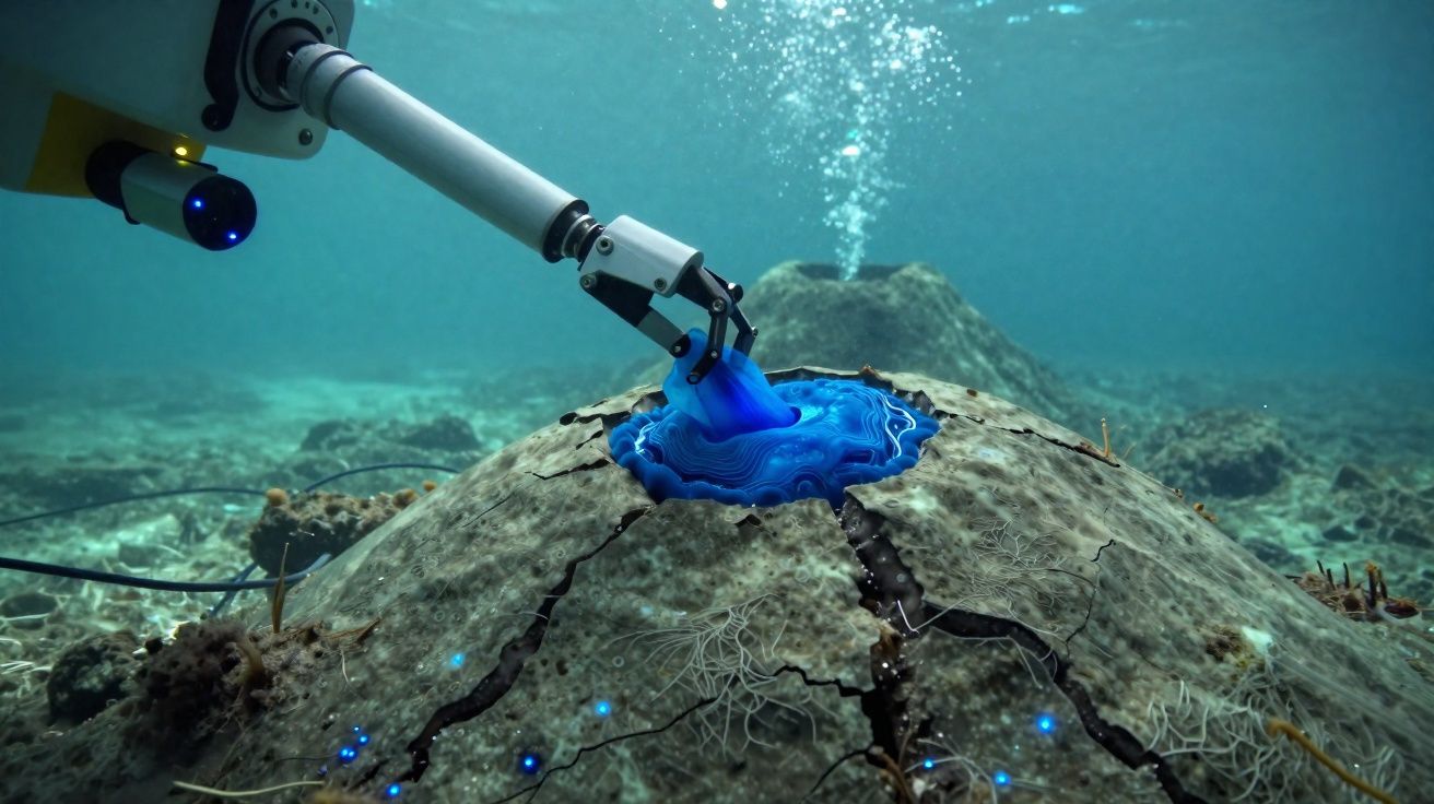 Braço robótico subaquático recolhendo substância azul fluorescente de formação rochosa com rachaduras no fundo do mar.