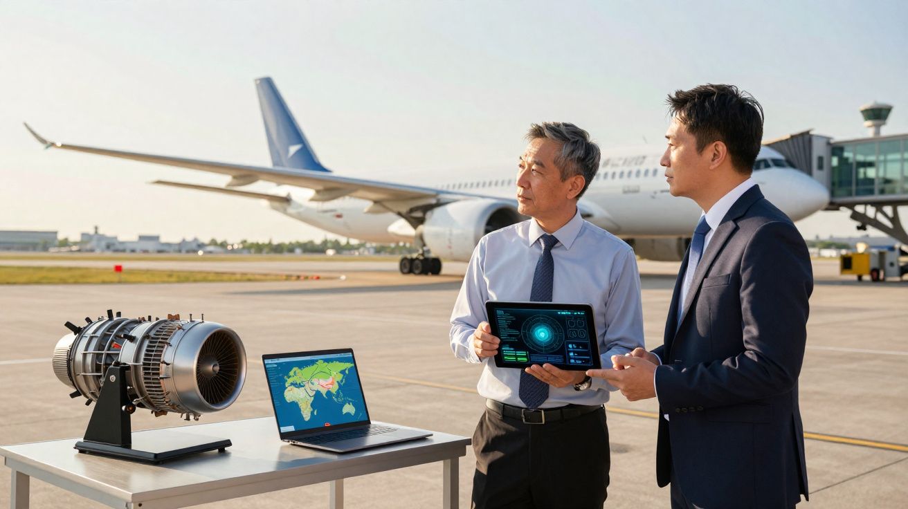 Dois homens em terno discutem dados em tablet perto de motor de avião e laptop na pista do aeroporto.