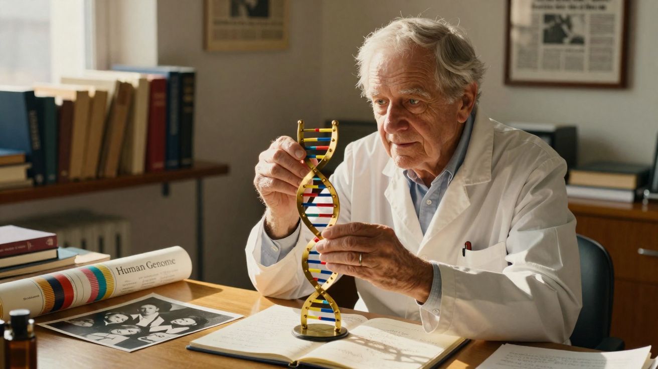 Cientista idoso em jaleco branco estudando modelo de DNA em laboratório com livros e documentos.