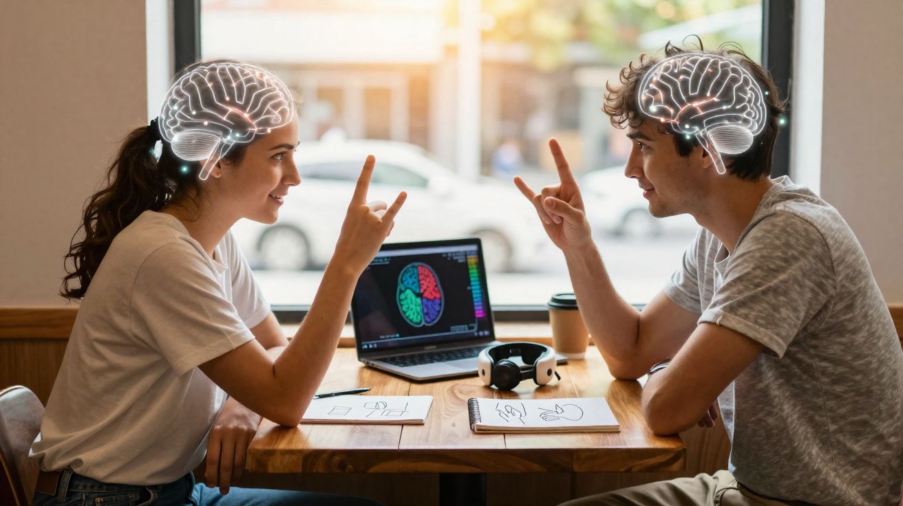 Jovem mulher e homem sentados em mesa com laptop, com desenho de cérebro iluminado sobre suas cabeças.