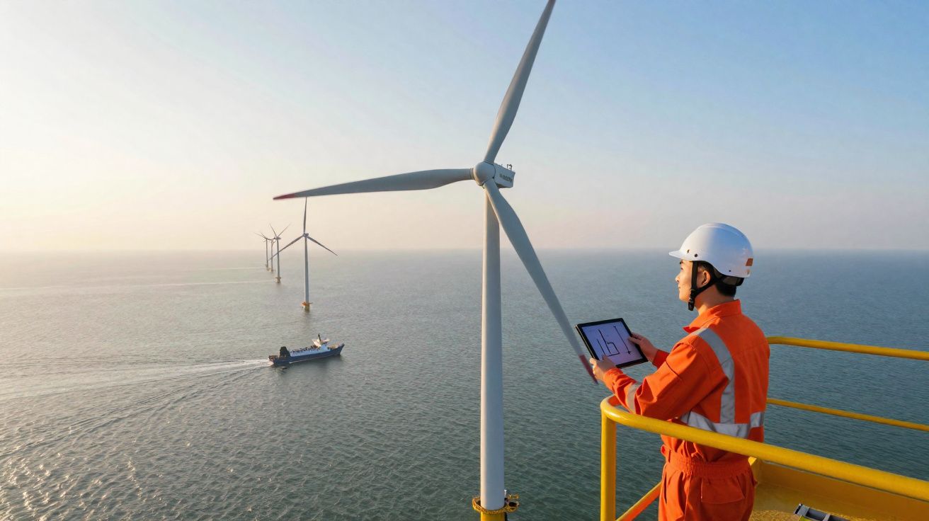 Engenheiro em plataforma offshore inspeciona turbina eólica com tablet, barco ao fundo no mar calmo.
