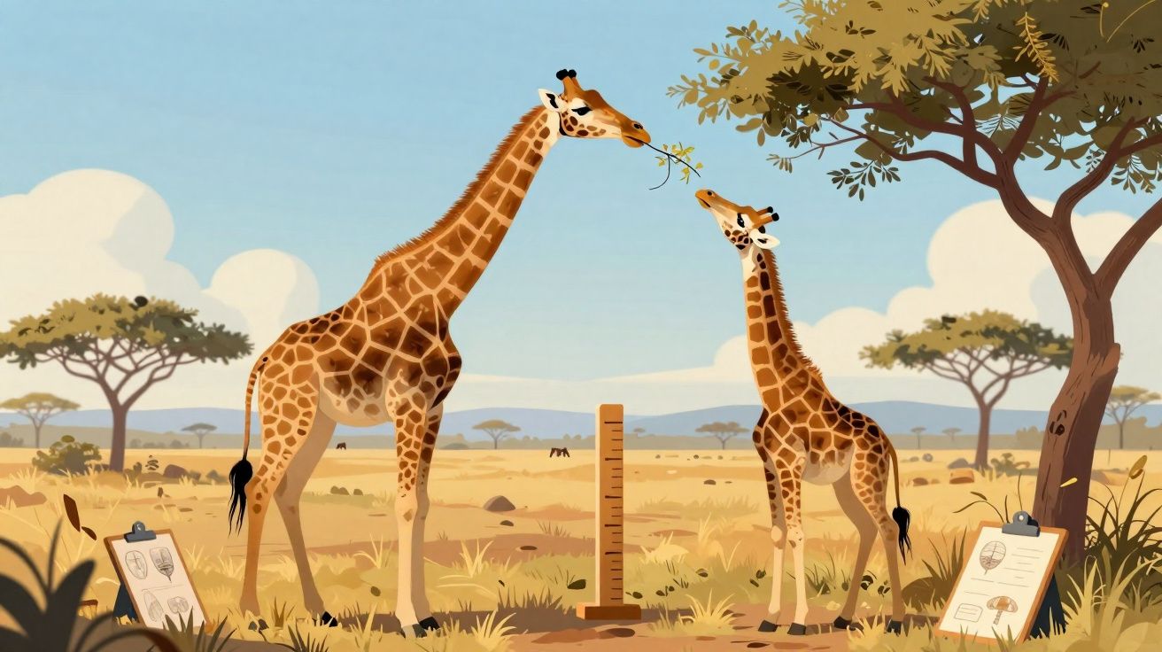 Ilustração de duas girafas em savana, com régua medindo altura entre elas e árvores ao fundo.