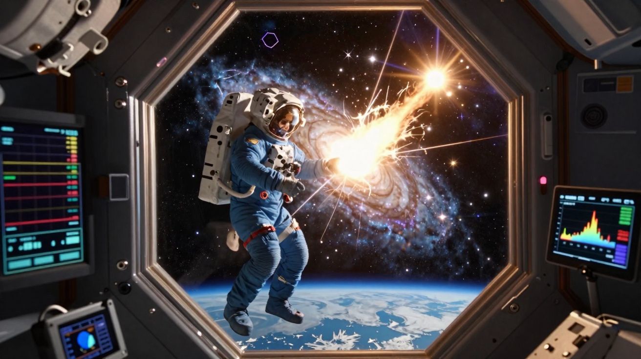 Astronauta flutuando no espaço com galáxia brilhante e Terra ao fundo, visto de dentro de nave espacial.