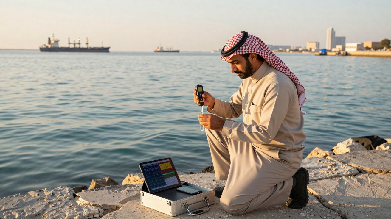 Homem árabe analisando amostra de água do mar com equipamento eletrônico à beira-mar.