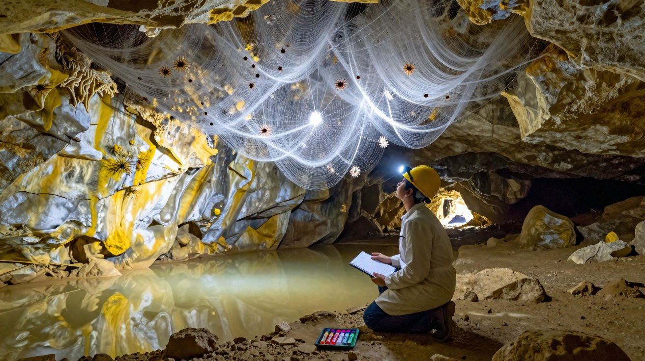 Pesquisador com capacete e lanterna estuda teia de aranha gigante dentro de caverna iluminada e com lago.