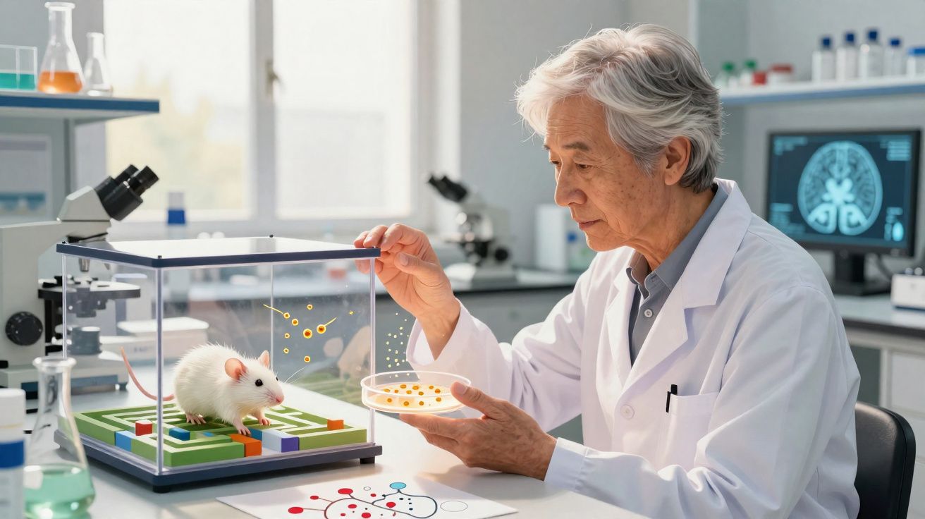 Cientista em laboratório observando rato branco dentro de caixa experimental enquanto segura placa de petri.