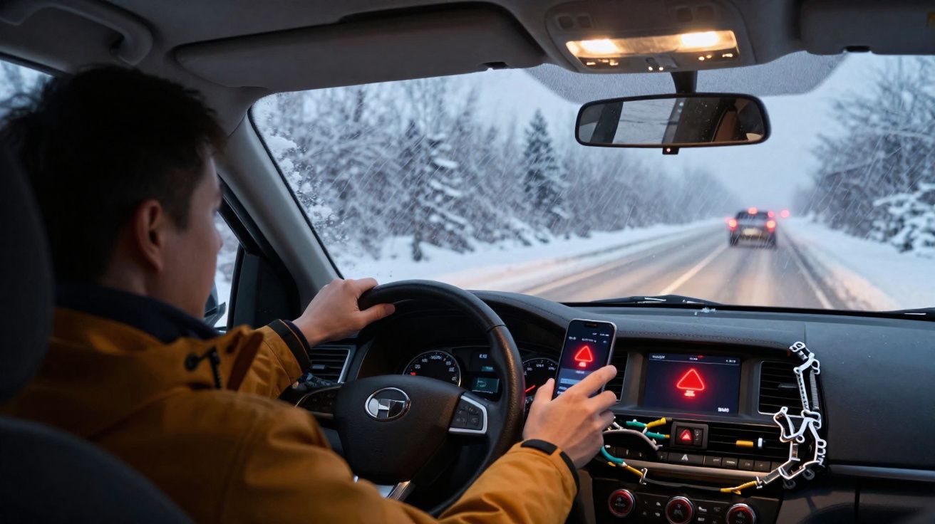 Motorista dirigindo carro em estrada nevada enquanto segura um celular com alerta de perigo na tela.