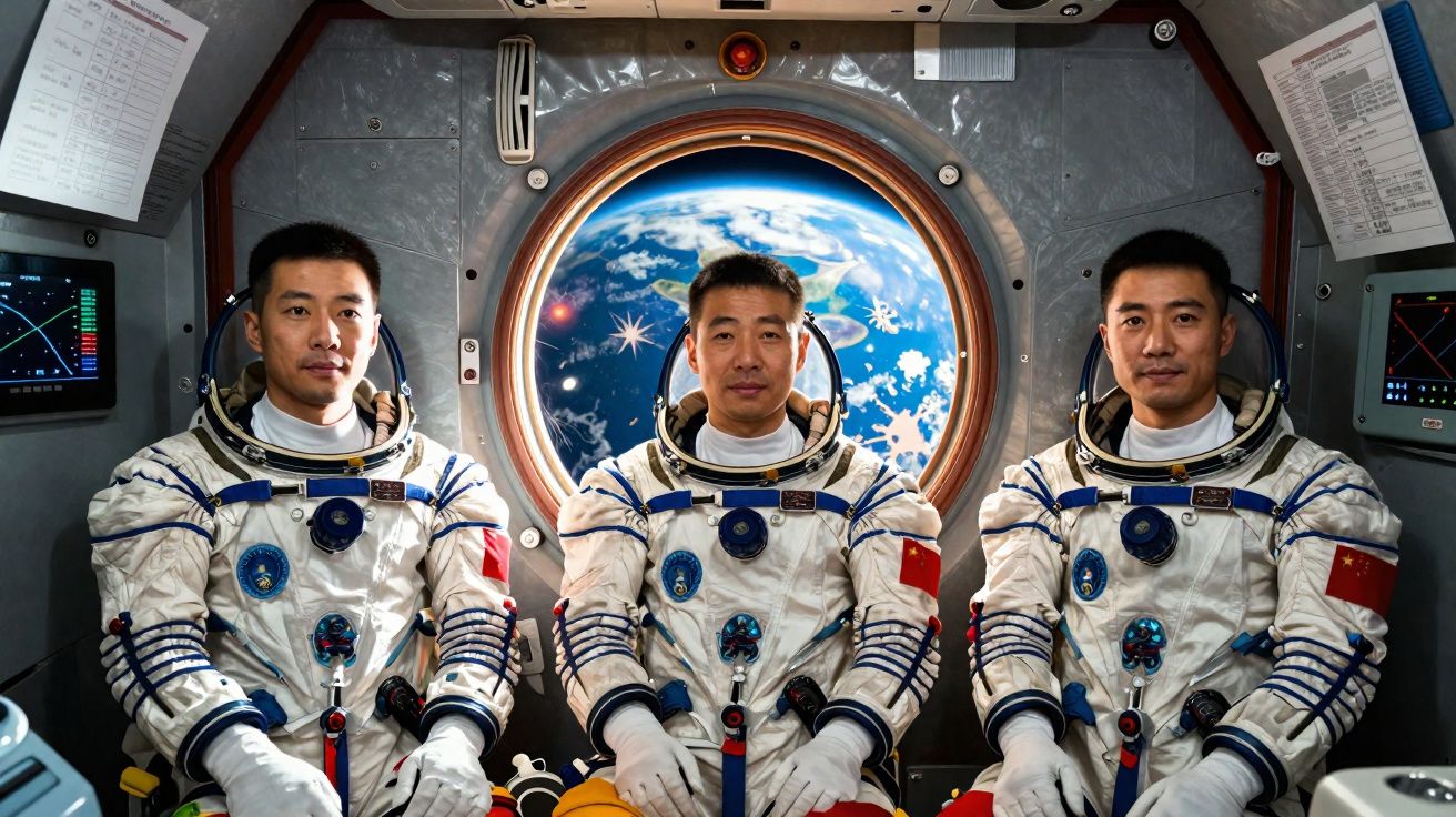 Três astronautas chineses em trajes espaciais dentro da espaçonave com a Terra vista pela janela circular atrás deles.