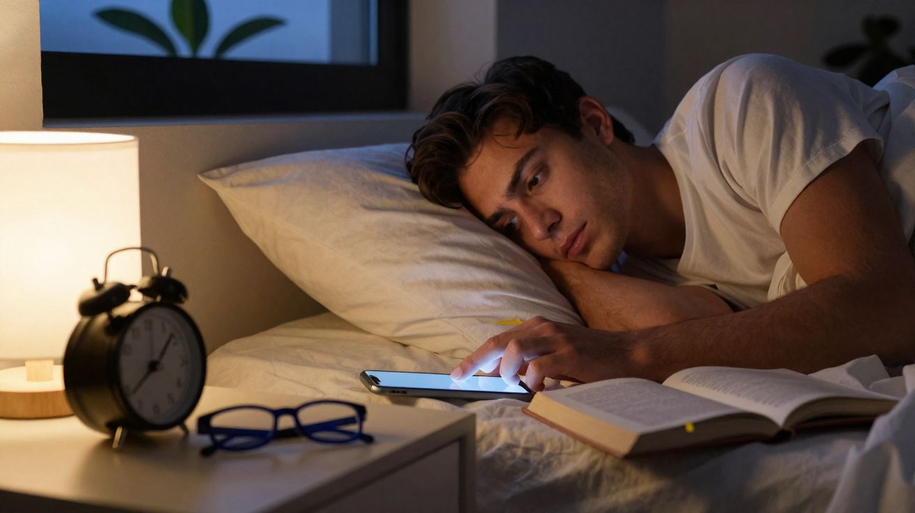 Homem deitado na cama à noite, olhando para celular ao lado de livro aberto e relógio em mesa de cabeceira.