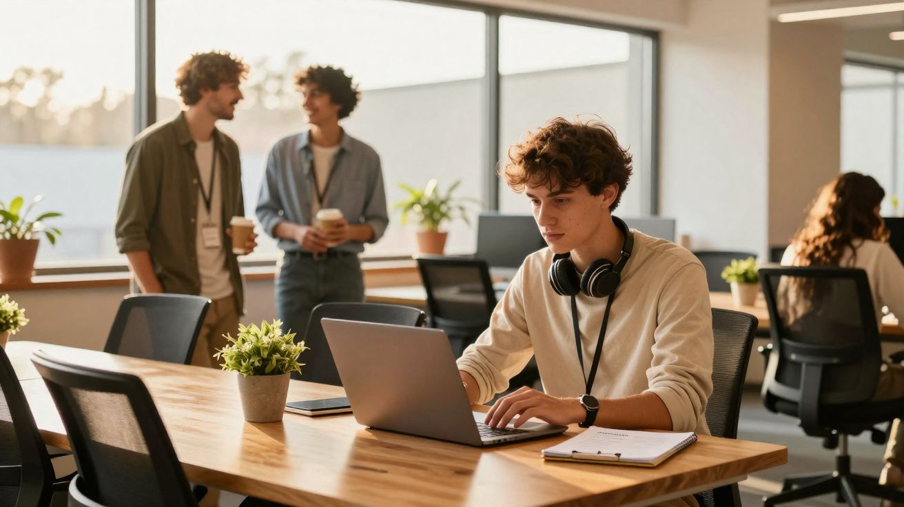 Jovem trabalhando em laptop com fones no pescoço em escritório moderno, colegas conversando ao fundo.
