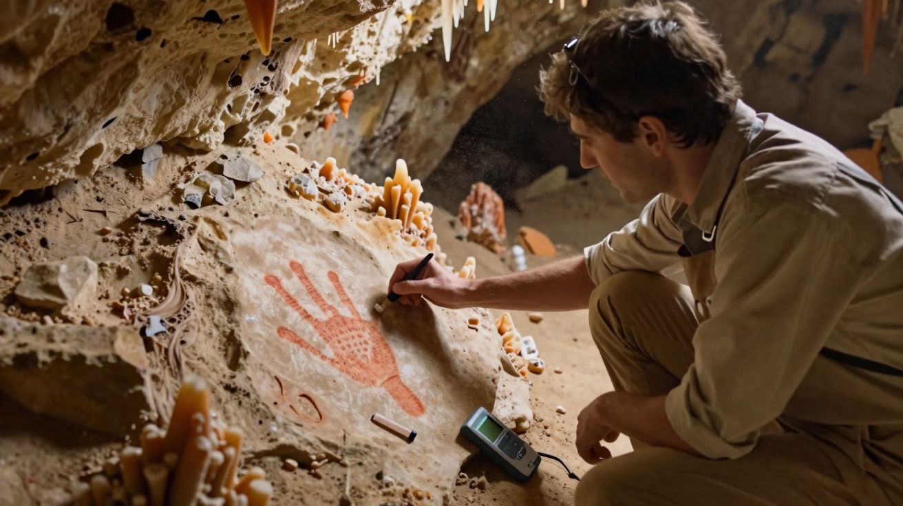 Homem examinando e desenhando pintura rupestre de mão vermelha em caverna com estalactites ao redor.