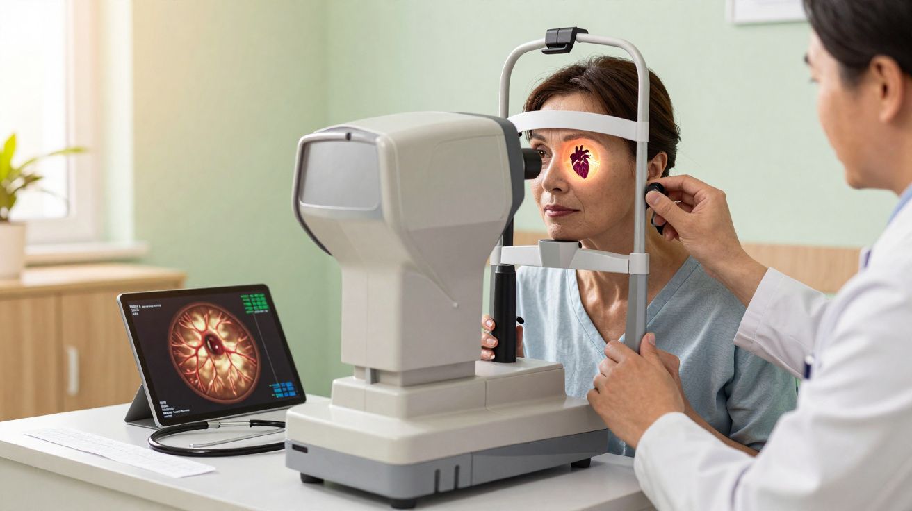 Paciente passando por exame oftalmológico com equipamento digital enquanto médica ajusta aparelho.