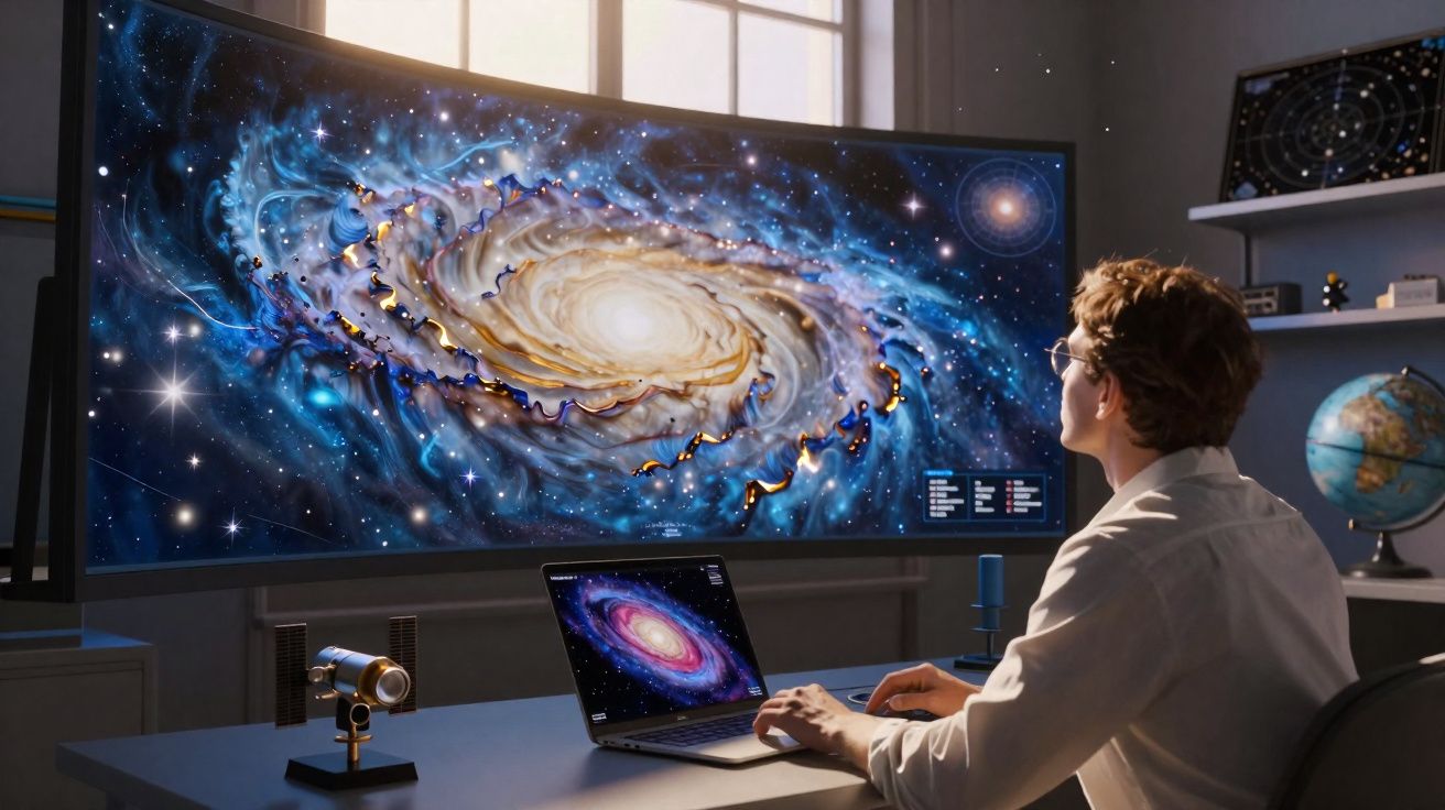 Pessoa observando imagem de galáxia em tela curva grande e notebook em ambiente de estudo com globo terrestre.