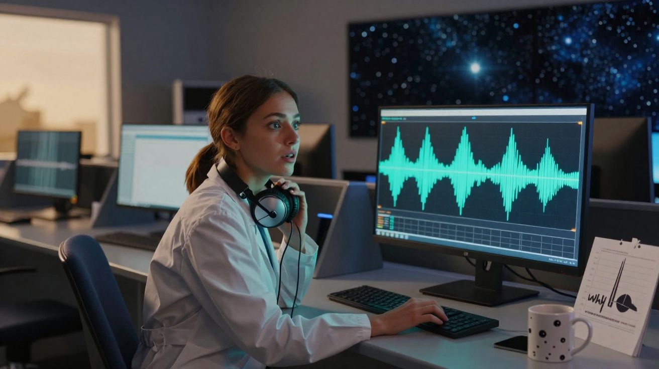 Mulher com jaleco branco e fones segura óculos enquanto analisa gráfico sonoro em computador no laboratório.