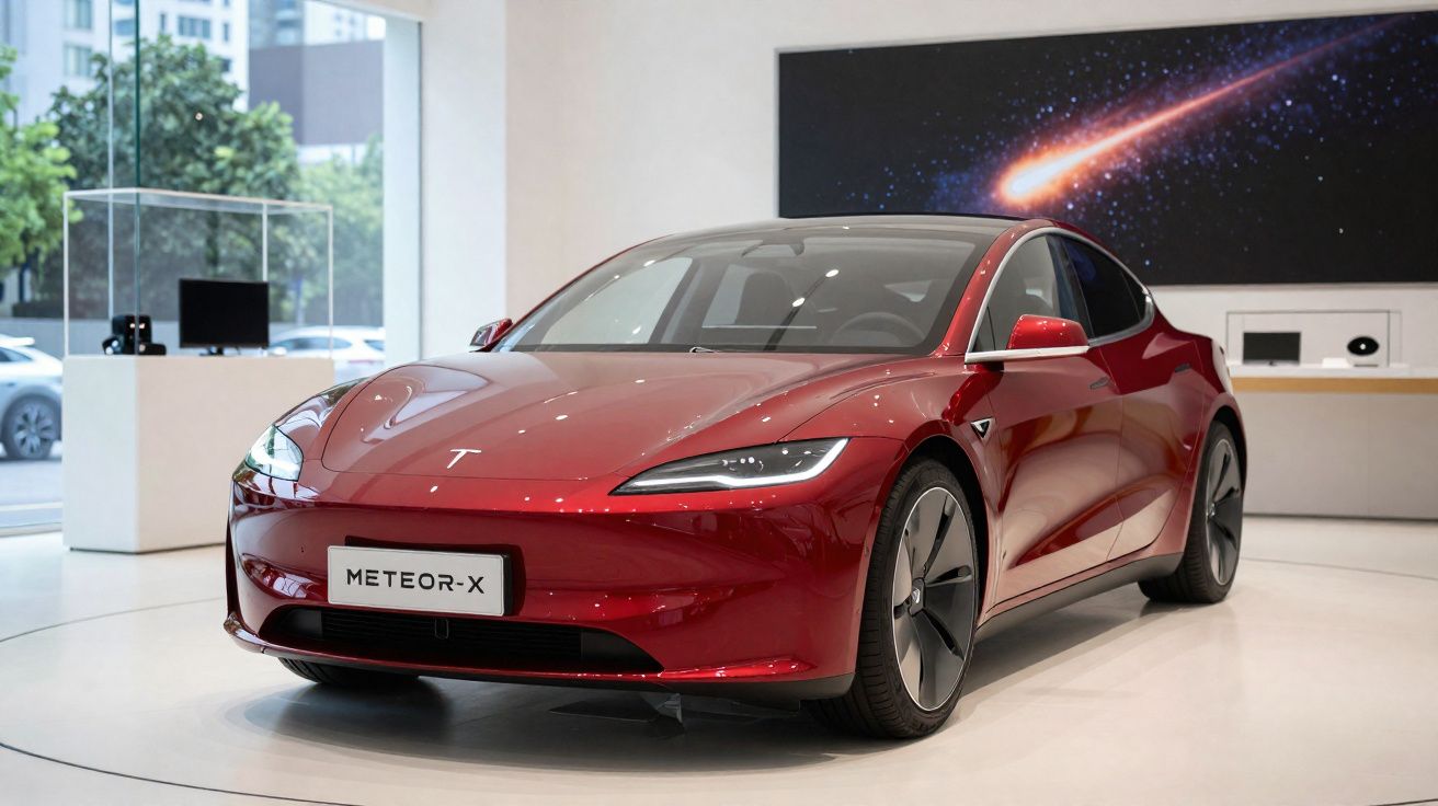 Carro elétrico Tesla modelo Meteor-X vermelho exposto em ambiente interno moderno e iluminado.