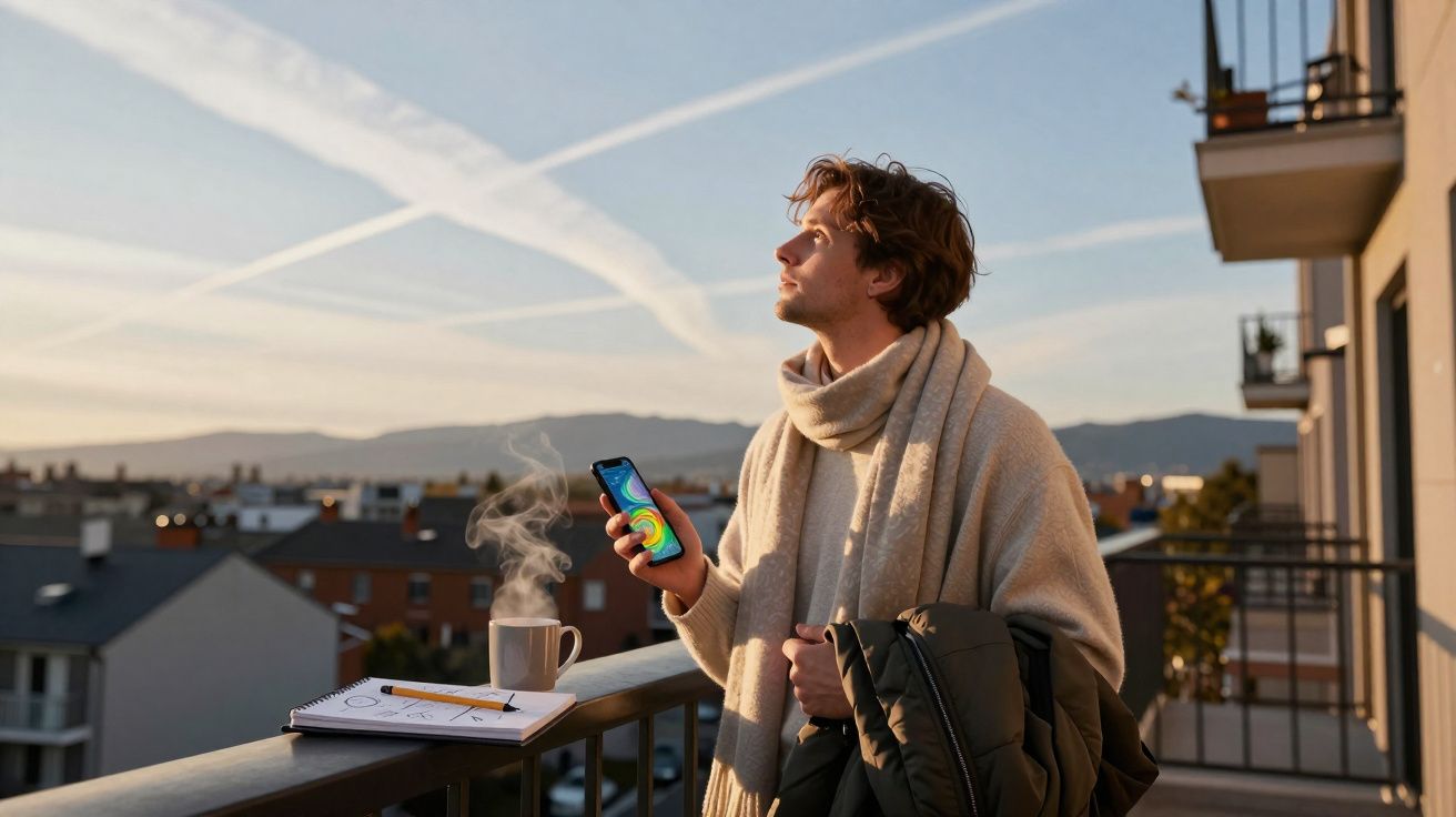 Jovem contemplando o céu ao pôr do sol na varanda, segurando celular, com casaco e xícara quente sobre o corrimão.