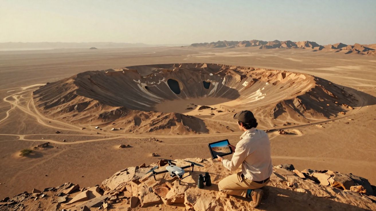Homem operando drone em penhasco com vista para grande cratera seca em deserto ao pôr do sol.