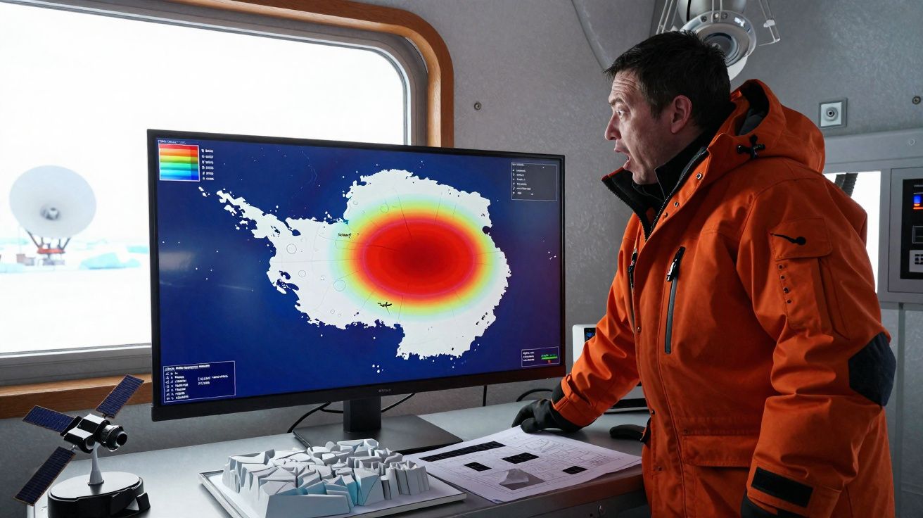 Homem com jaqueta laranja observa mapa térmico da Antártida em monitor dentro de estação científica.