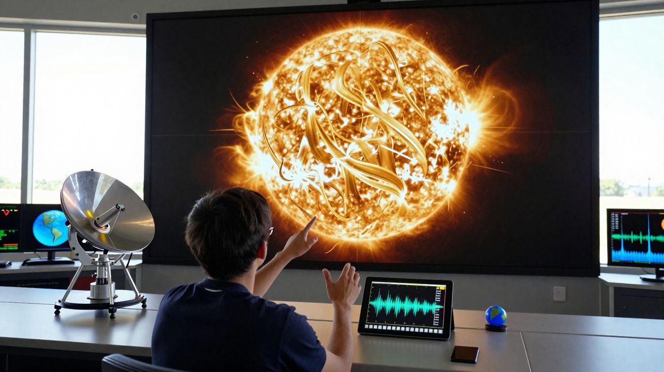 Pessoa em laboratório apontando para uma grande tela com imagem gráfica do sol em erupção solar intensa.