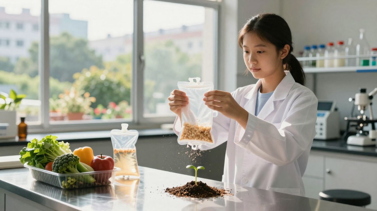 Pesquisadora em laboratório planta muda e adiciona nutrientes à terra, com vegetais frescos ao lado.