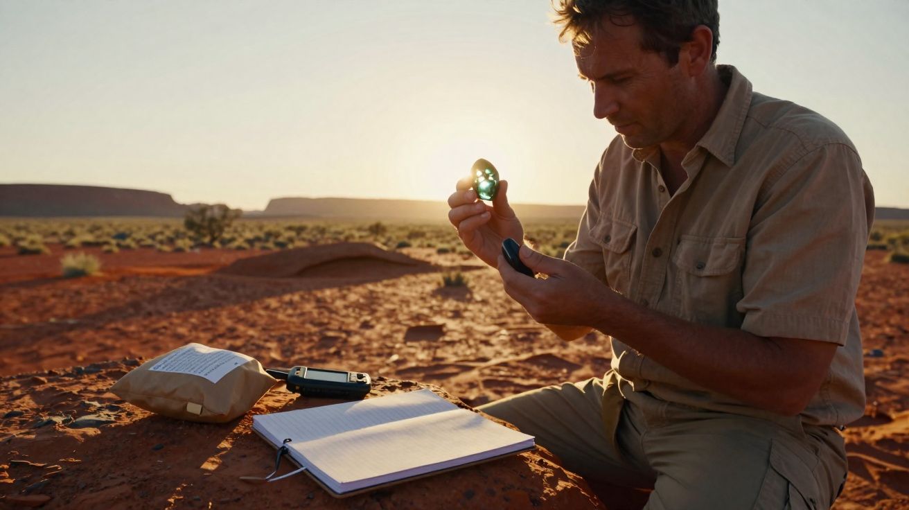 Homem observando uma pedra verde em área desértica ao pôr do sol, com caderno e rádio ao lado.