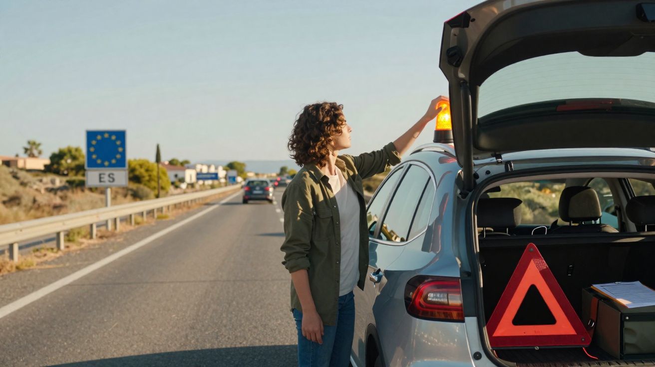 Mulher parada na beira da estrada com triângulo de emergência no porta-malas e sinalizador no teto do carro.