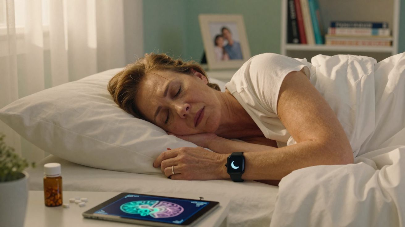 Mulher dormindo na cama com relógio inteligente mostrando lua, ao lado remédios e tablet com imagem de cérebro.