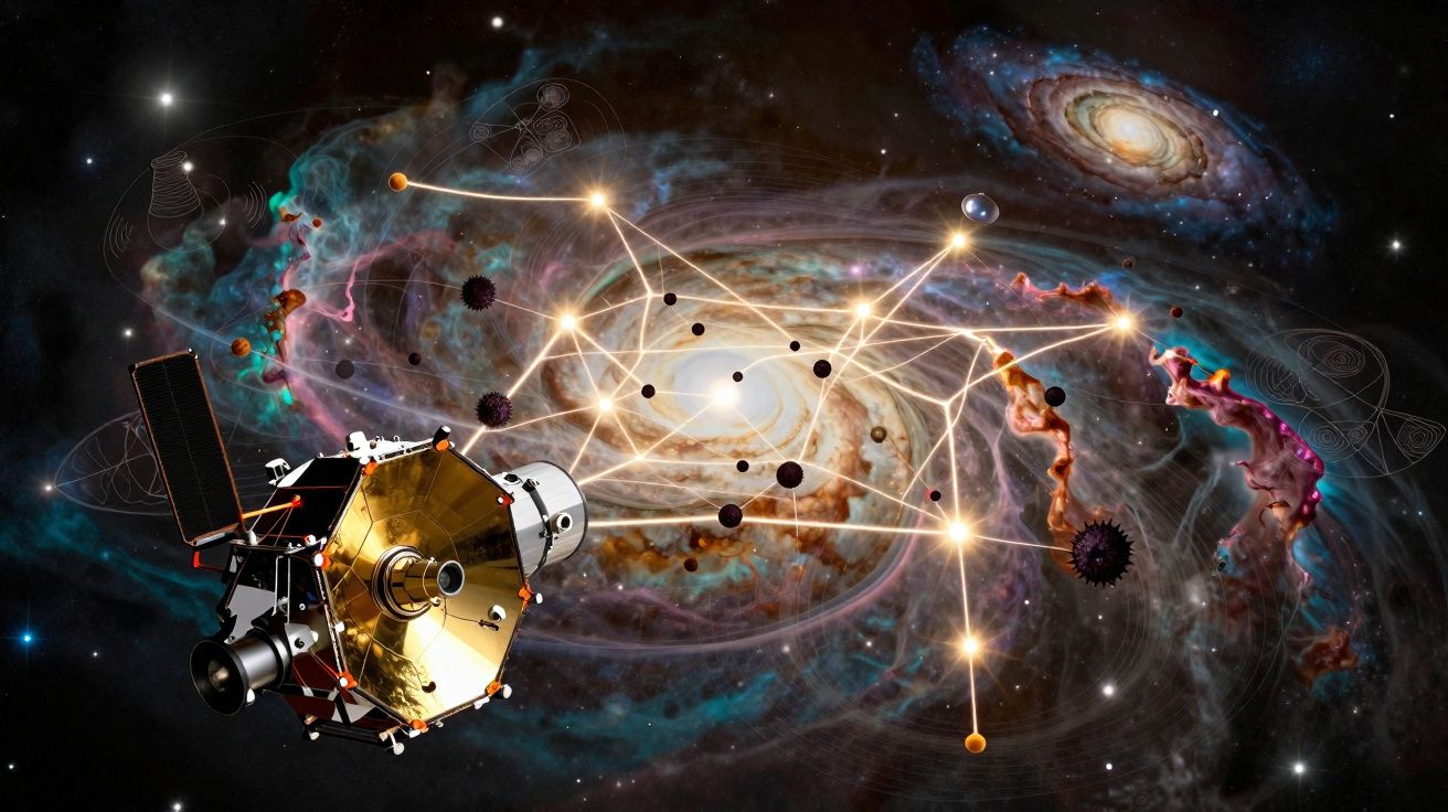 Nave espacial próxima a uma galáxia com conexões brilhantes representando sistemas estelares no espaço.