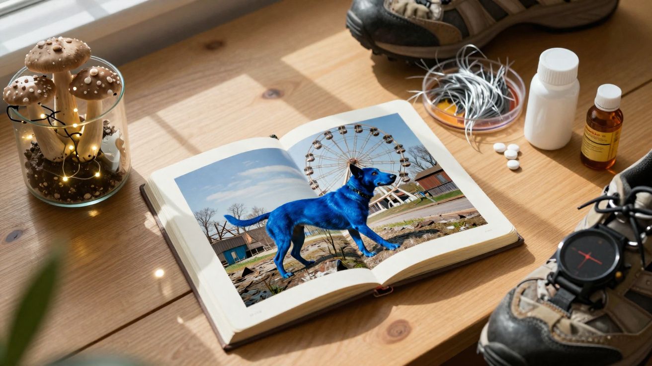 Livro aberto mostra foto de cachorro azul com roda-gigante ao fundo sobre mesa de madeira com tênis, remédios e decoração.