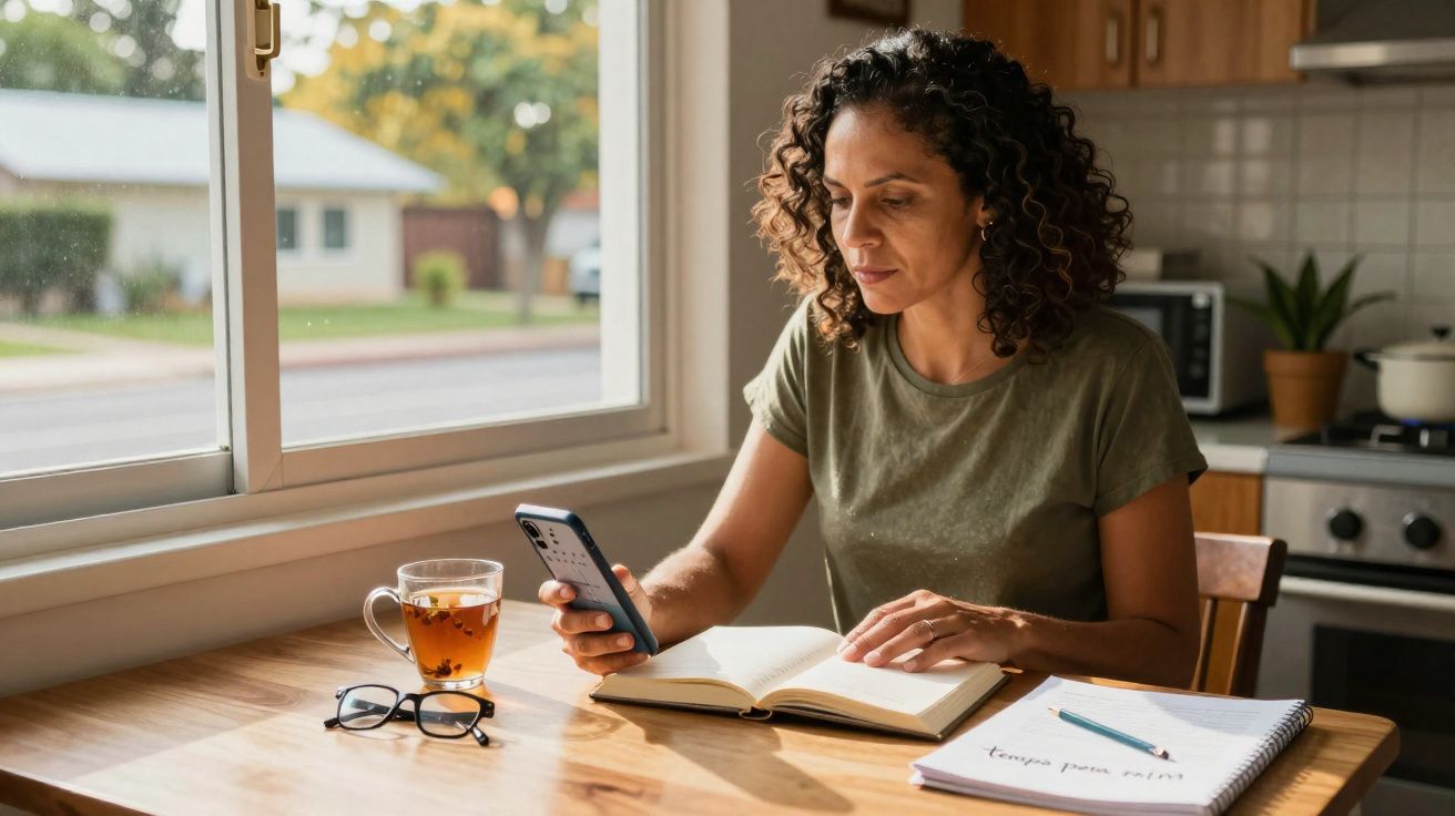 Mulher sentada à mesa com livro aberto, olhando para celular, com xícara de chá e óculos ao lado.