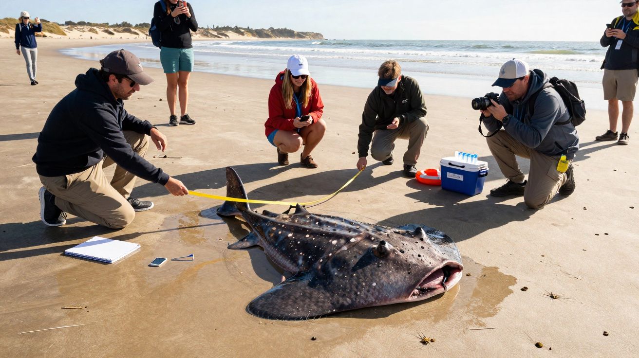 Grupo de pesquisadores mede e fotografa um tubarão-bailarino na praia durante estudo científico.