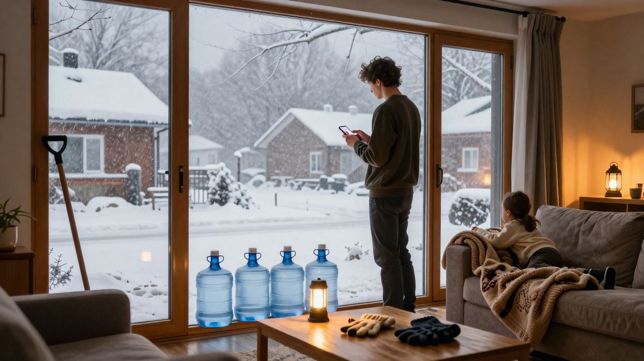 Interior de casa com janela grande mostrando paisagem de neve, dois adultos e garrafas de água no chão.
