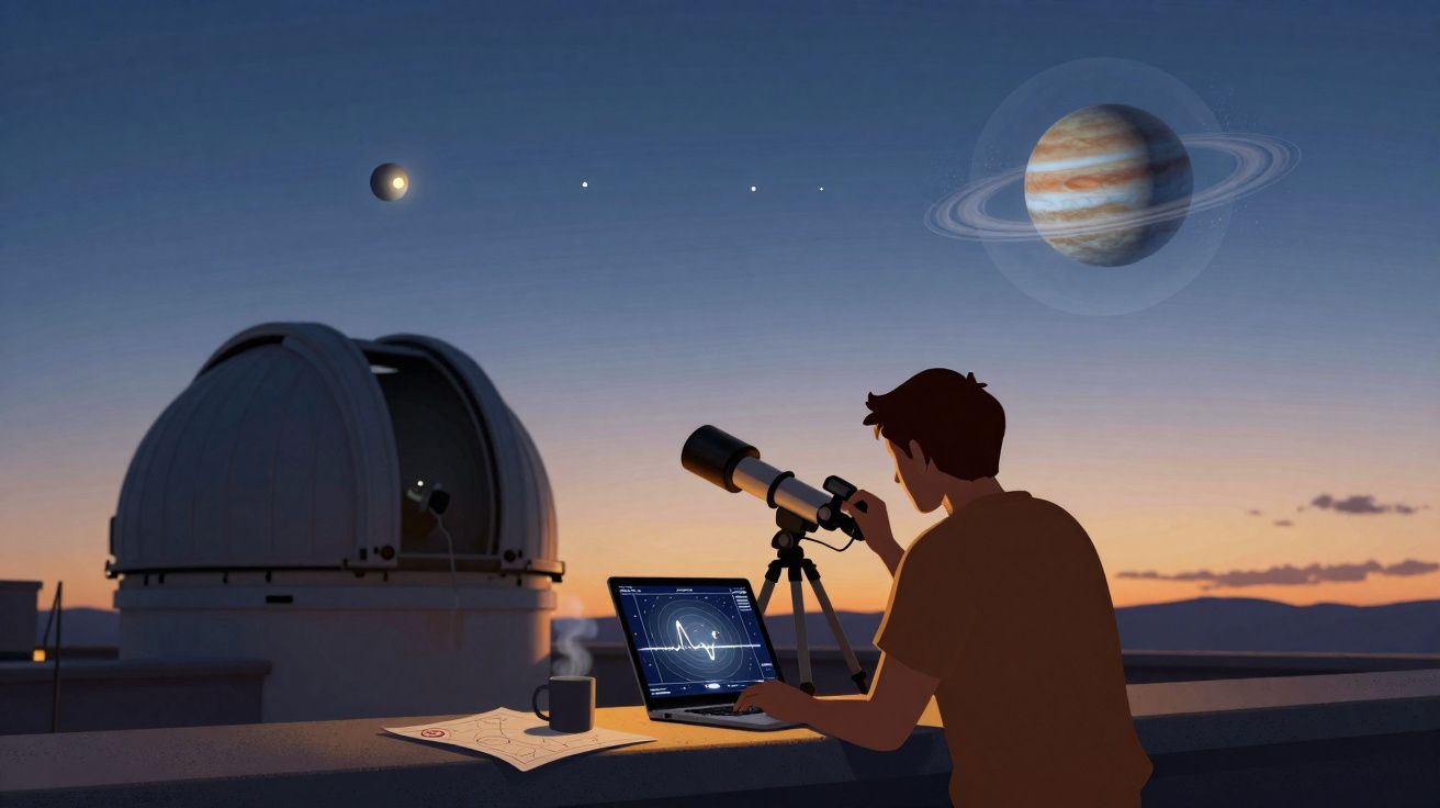 Jovem observando o céu com telescópio ao pôr do sol, com laptop e imagens de planetas visíveis no céu.