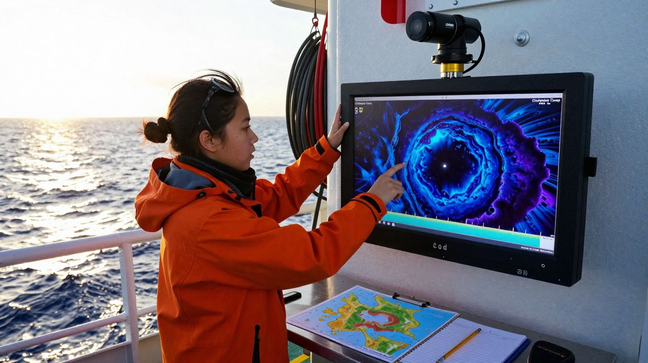 Pessoa analisando dados em tela digital com gráficos coloridos, em barco no mar ao pôr do sol.