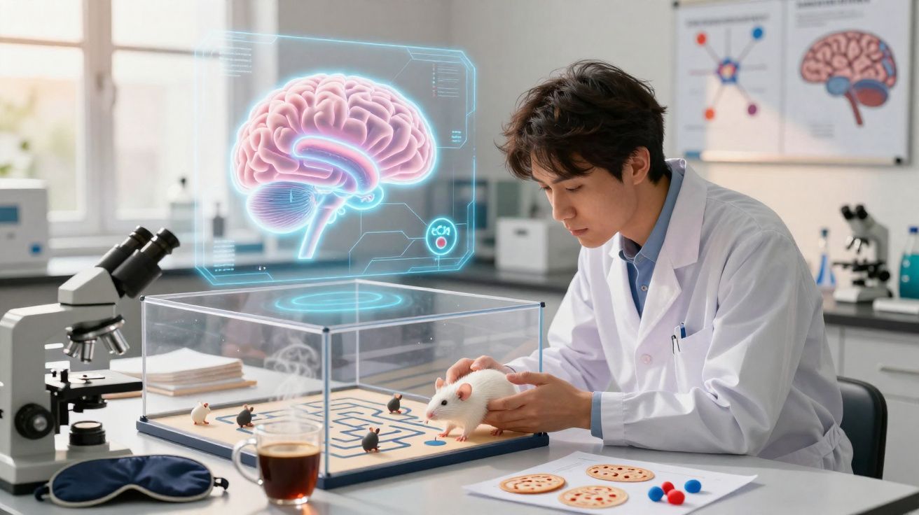 Cientista em laboratório conduz experimento com rato em caixa de labirinto, holograma de cérebro ao fundo.