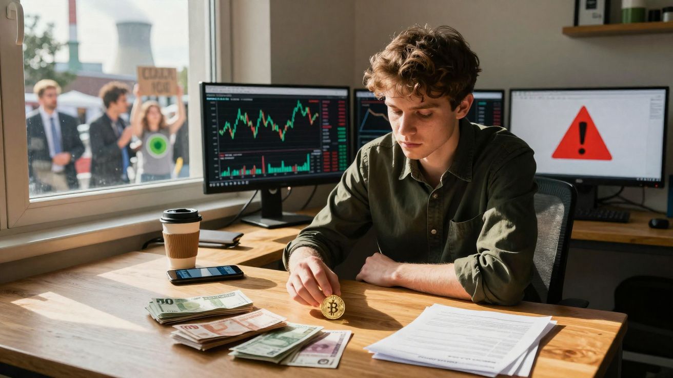 Jovem analisando bitcoin e dinheiro em mesa com gráficos de ações e sinal de alerta em monitores ao fundo.