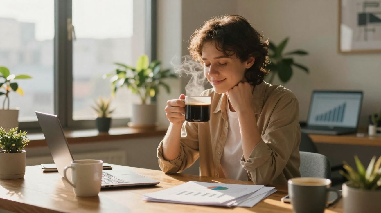 Jovem mulher com expressão serena bebe café quente enquanto trabalha em escritório iluminado por luz natural.