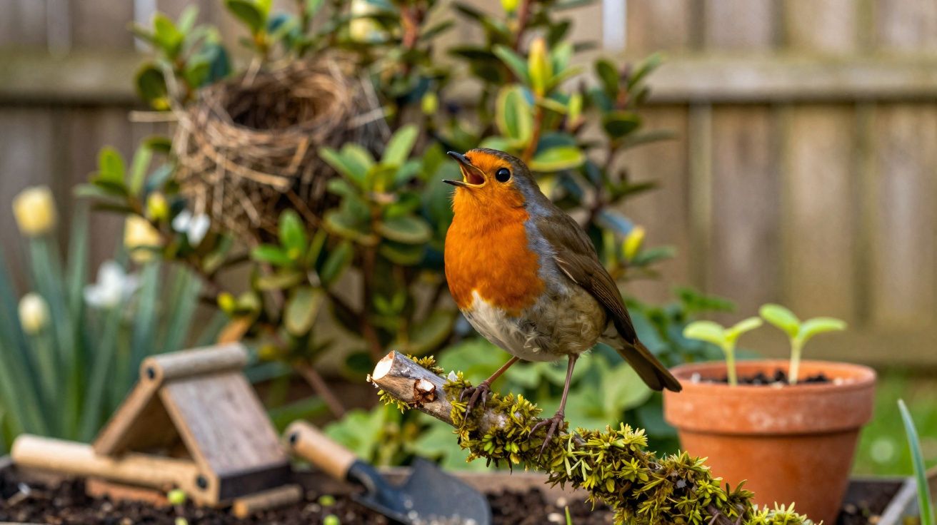 Pássaro com peito laranja empoleirado em galho em jardim com plantas e ferramentas de jardinagem.