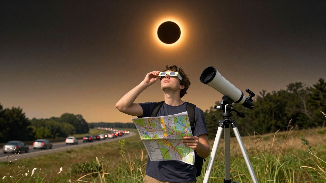 Homem com óculos especiais observa eclipse solar total segurando mapa ao lado de telescópio em área aberta.