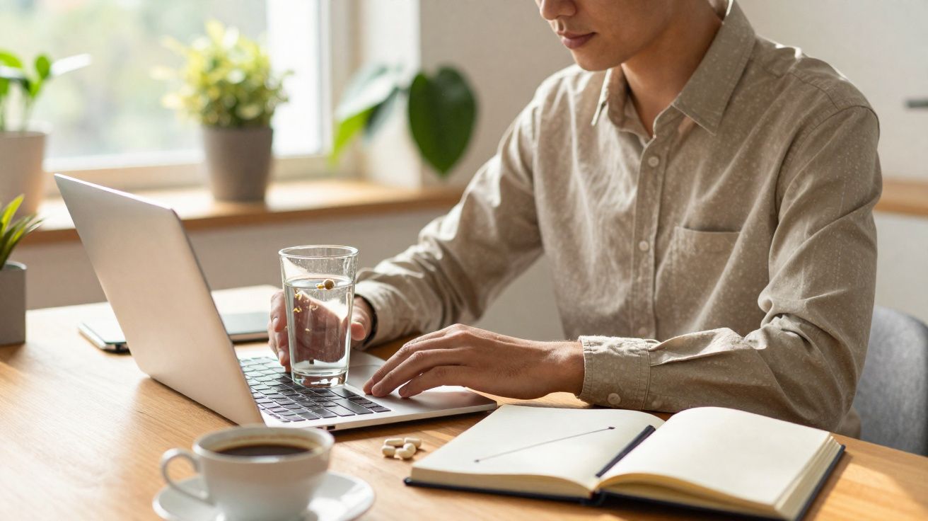 Pessoa trabalhando em notebook segurando copo d'água, com caderno aberto e xícara de café na mesa.